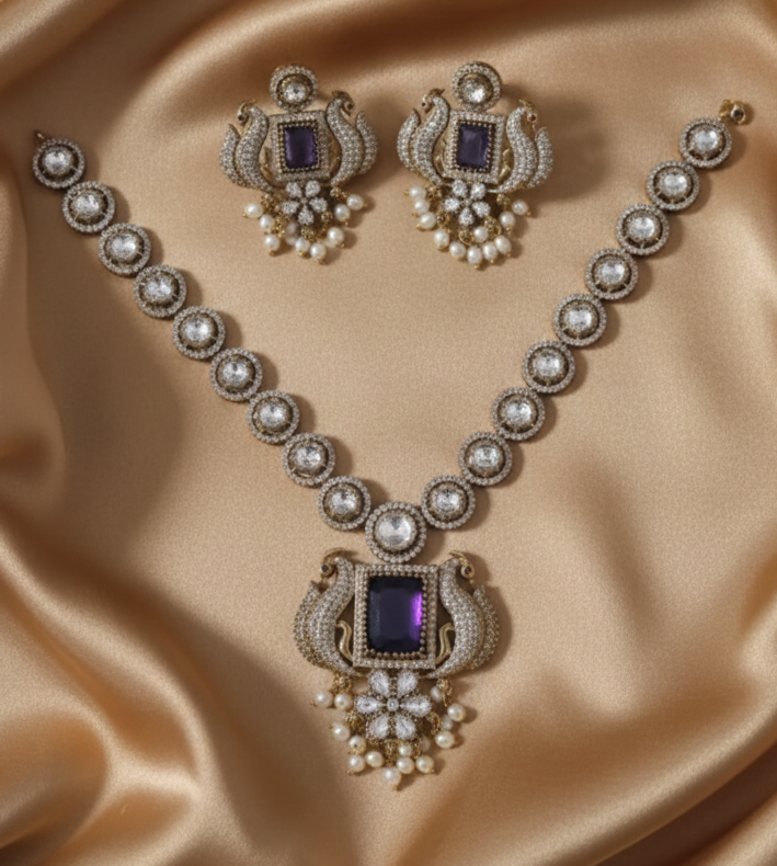 Peacock AD Diamond Jewelry Set With Drops Necklace & Earrings For Woman & Girls